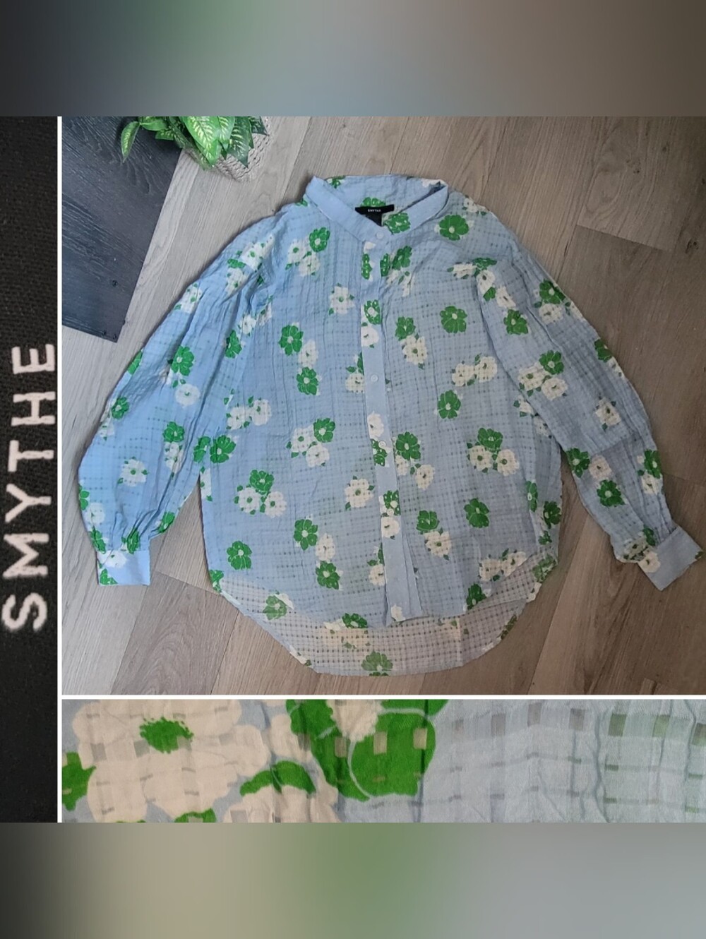 Smythe Nantucket Oversized Floral Long Sleeve Blue & White Blouse, Women's XS
